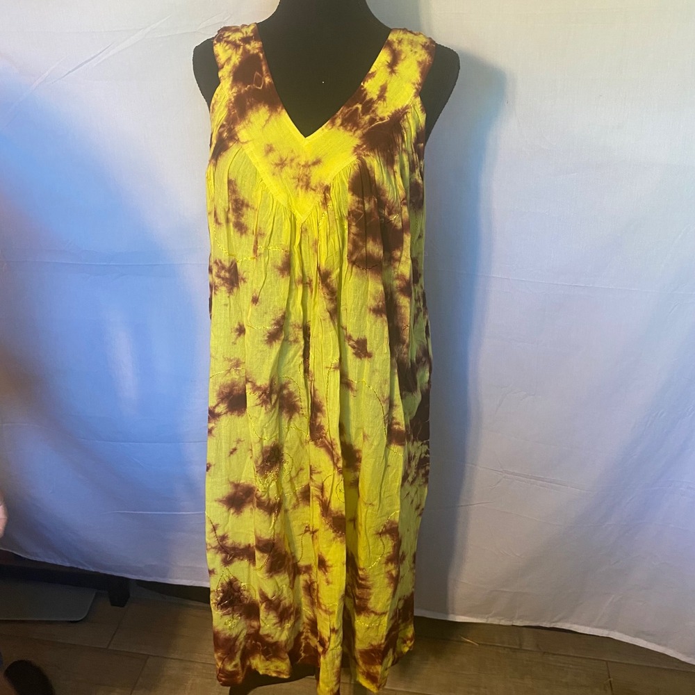 Womens Yellow Brown Tie Dye Maxi Dress Boho Sleeveless V Neck